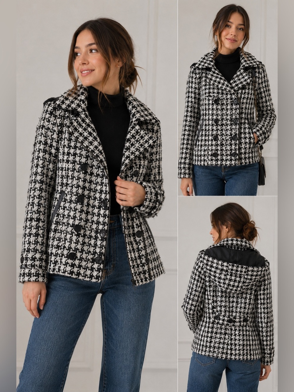 Tulle Black White Tweed Hooded Coat Peacoat Women’s Small